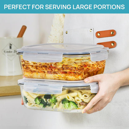 Vtopmart 2Pack 1860ml/63oz Large Glass Storage Containers with Lids, Meal Prep Food Container Set with Snap Airtight Lid for Baking, Microwave, Oven, Leak Proof, for Freezer, Dishwasher, Grey