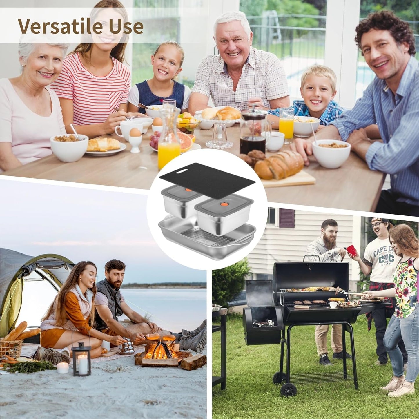 4 Pcs Grill Prep Trays Set, Including Stainless Steel Grilling Prep and Serve Trays, Cutting Board, Marinade Container with Lids for BBQ, Kitchen, Camping