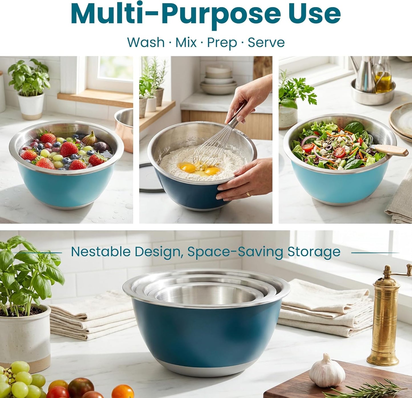 Rorence Mixing Bowls Set with Lids, 18/8 Stainless Steel Mixing Bowls with Non-Slip Silicone Base & Measurement Marks, Airtight Food Storage for Baking, Cooking & Meal Prep,1.5QT/3QT/5QT/Blue