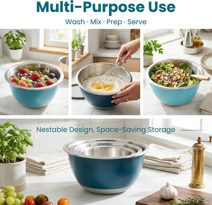 Rorence Mixing Bowls Set with Lids, 18/8 Stainless Steel Mixing Bowls with Non-Slip Silicone Base & Measurement Marks, Airtight Food Storage for Baking, Cooking & Meal Prep,1.5QT/3QT/5QT/Blue