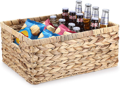 Hipiwe Water Hyacinth Storage Basket Bin Handwoven Decorative Basket Large Wicker Baskets Box with Handles Open Storage Bin Rectangular Baskets Containers for Shelf Pantry Organizing