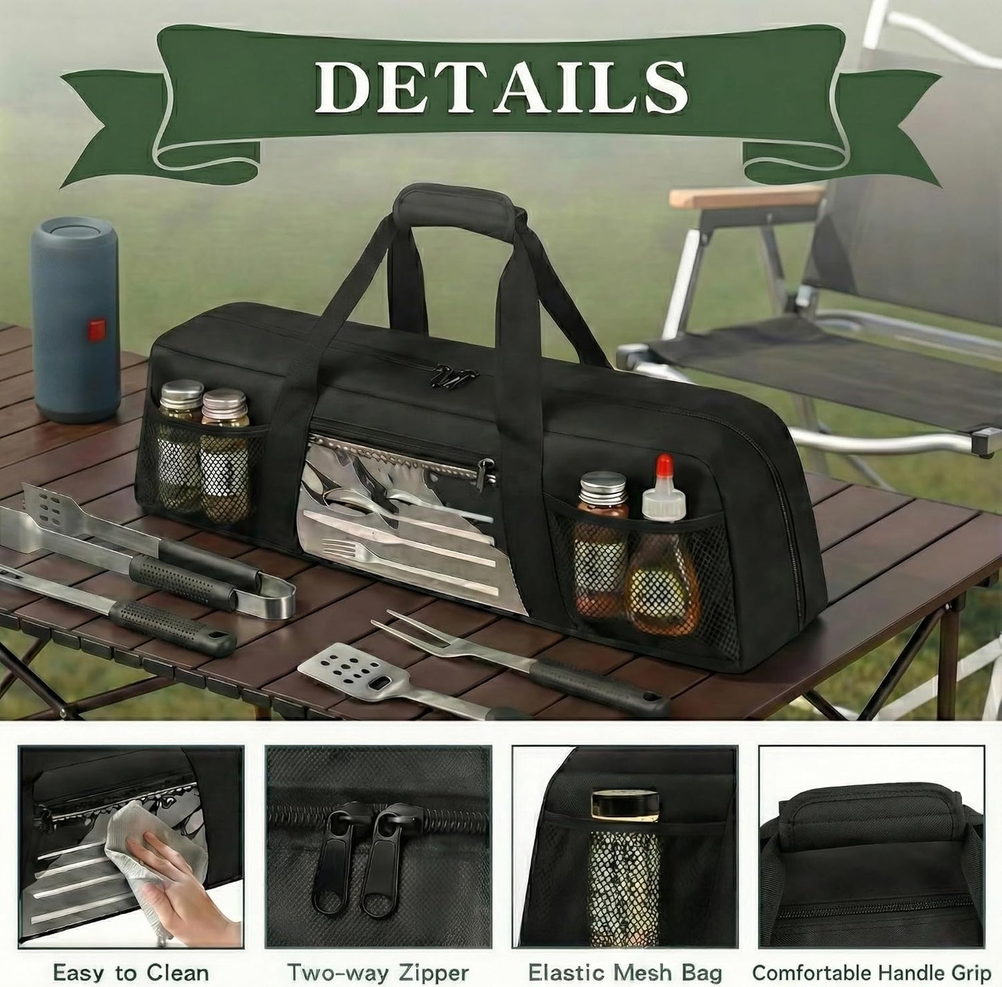 Grill Utensil Storage Bag, Large Grill Tool Storage Caddy with Pockets, BBQ Outdoor Tool Storage Bag for Grilling, Camping, Picnic Accessories (22" L×6.5" W×7.2" H, Bag Only)