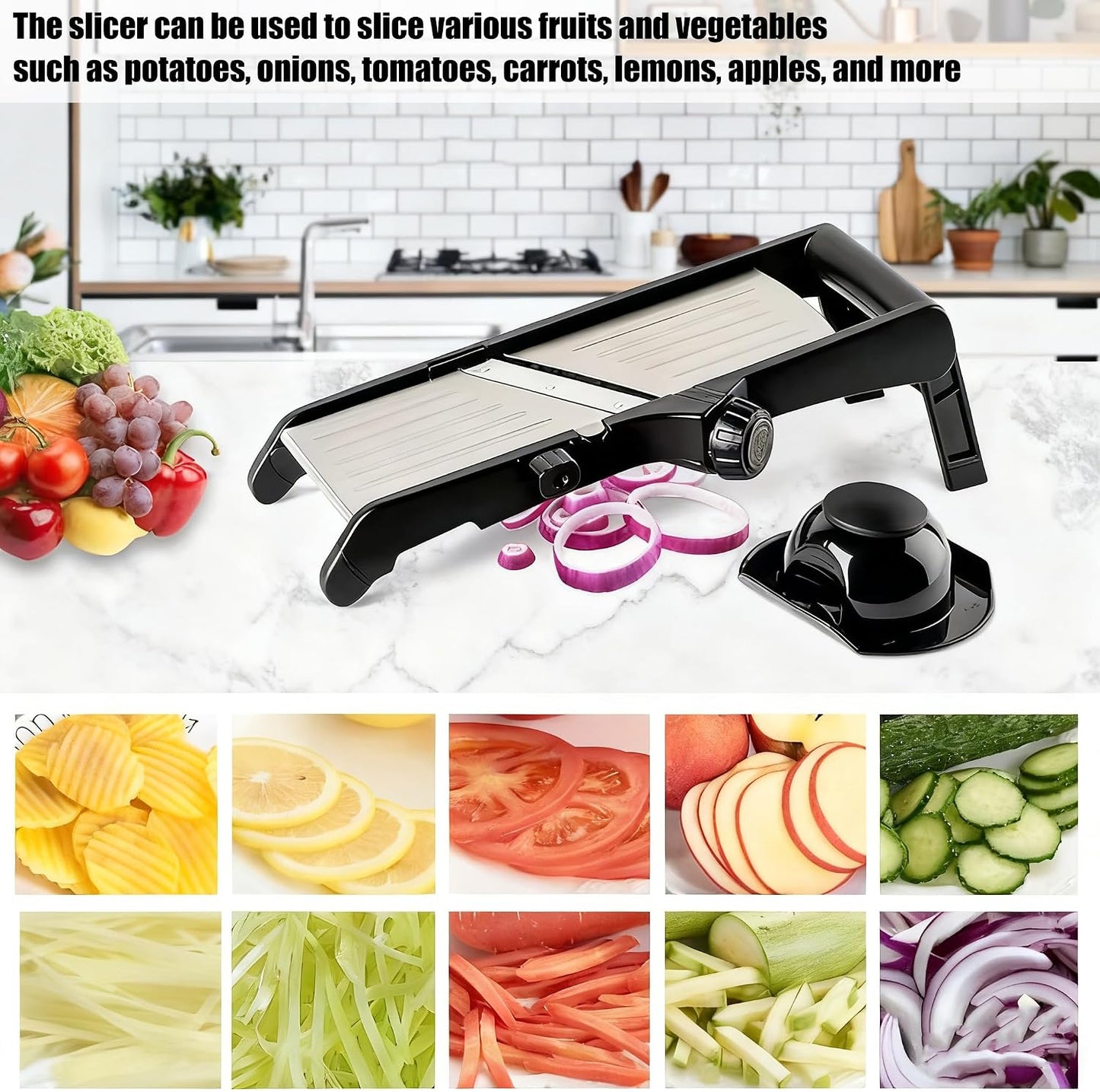Mandoline Food Slicer for Kitchen, Adjustable Stainless Steel Mandoline Vegetable Slicer, Onion/Potato Slicer/French Fry Cutter, 6-Piece Fruit & Vegetable Cutting Set (Black/Silver)