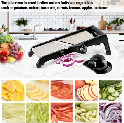 Mandoline Food Slicer for Kitchen, Adjustable Stainless Steel Mandoline Vegetable Slicer, Onion/Potato Slicer/French Fry Cutter, 6-Piece Fruit & Vegetable Cutting Set (Black/Silver)