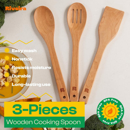 Riveira Dark Bamboo Wooden Spoons for Cooking 6-Piece, Apartment Essentials Wood Spatula Spoon Nonstick Kitchen Utensil Set Premium Quality Housewarming Gifts for Everyday Use