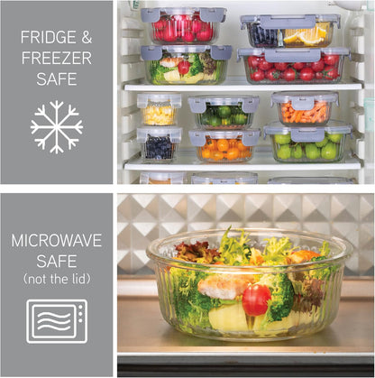 COOK WITH COLOR Premium 32-Pc. Borosilicate Glass Food Container Set with Dividers - 4 Rectangles, 8 Rounds, 4 Squares - Leakproof Lids - Meal Prep, Storage, Grey