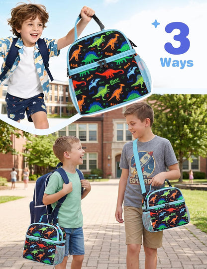 VASCHY Lunch Box Bag for Kids, Insulated Double Compartments Cooler Lunch Tote for Toddlers Boys Girls School/Daycare/Picnic Black Dinos