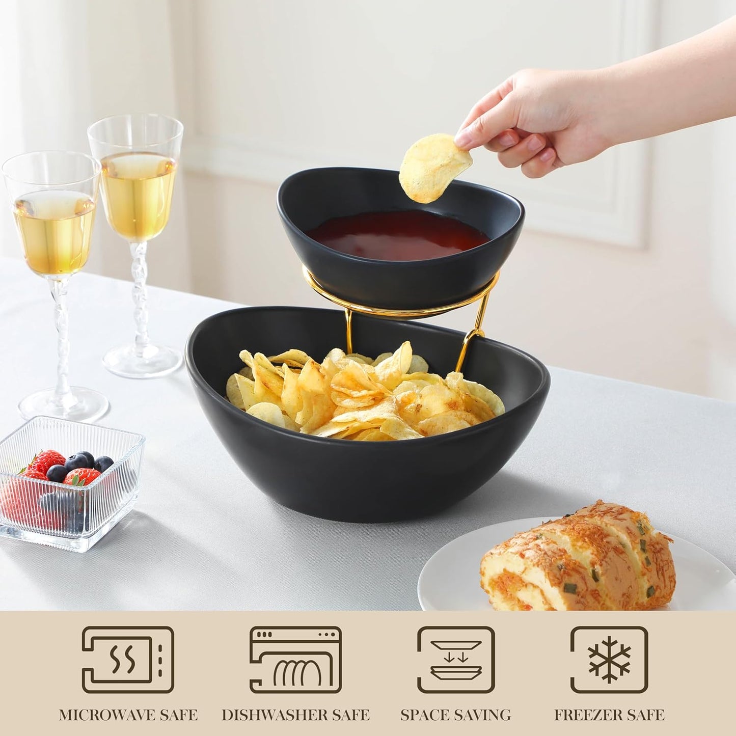 MALACASA 2 Tier Chip and Dip Serving Set with Metal Stand,Ceramic Appetizer Bowls for Party, Multi-Use Food Display for Fruits, Snacks,White Elegant Tiered Serving Dishes for Party