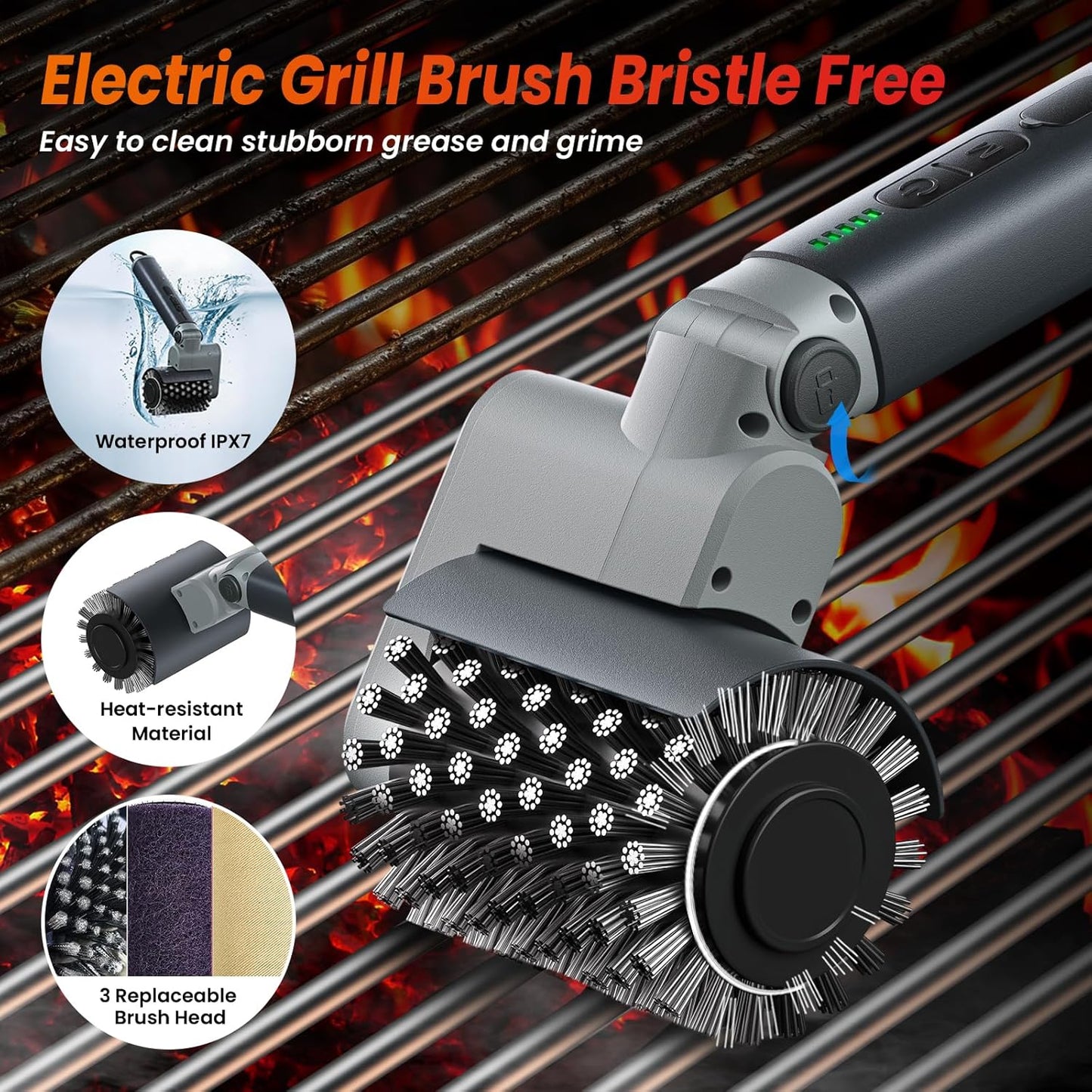 Electric Grill Brush for Outdoor Grill,3-in-1 Kit Cordless Rotary Grill Cleaner with 3-Speed Control&Angle Adjust,Safe for Cast Iron/Stainless-Steel Grates,Ideal BBQ Gifts for Men Dad