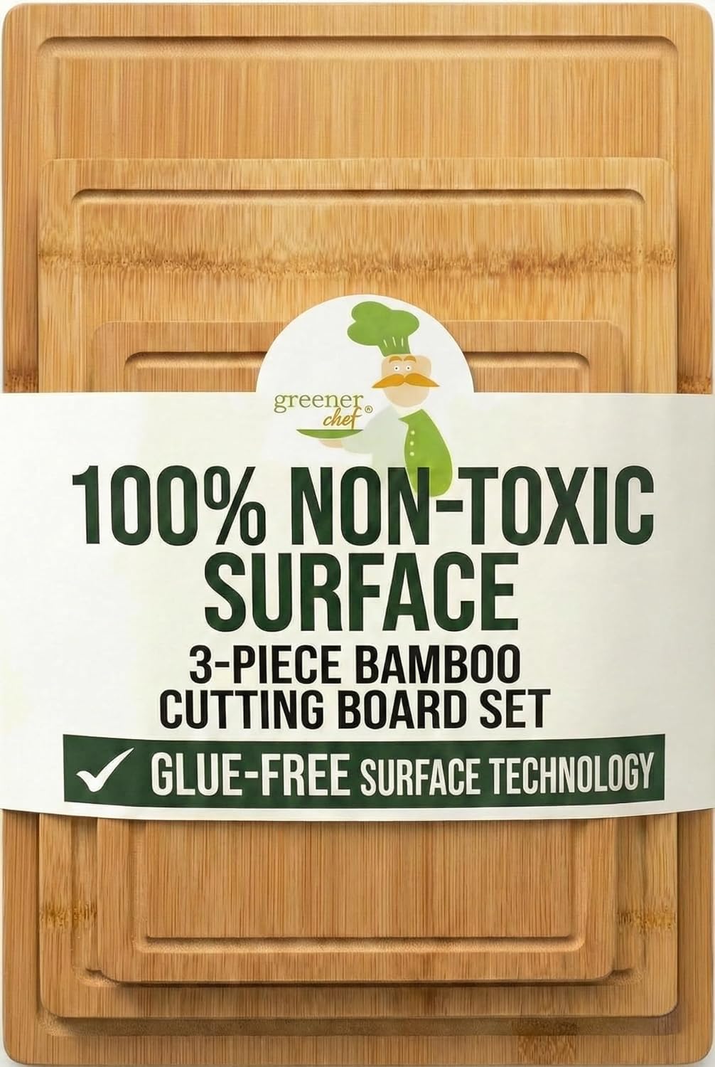 Greener Chef Luxury Bamboo Cutting Board Set of 3 with Glue-Free Surface Technology - Extra Spacious Wood Cutting Boards for Kitchen and XL Chopping Board Set - Replacements for Life