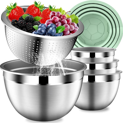 DUTZUN Mixing Bowls with Lids Set - 16pcs Stainless Steel Mixing Bowl Set with Colander, 3 Grater Attachments, Non-Slip Bottom, Metal Nesting Bowls with Strainer for Mixing & Serving - Black