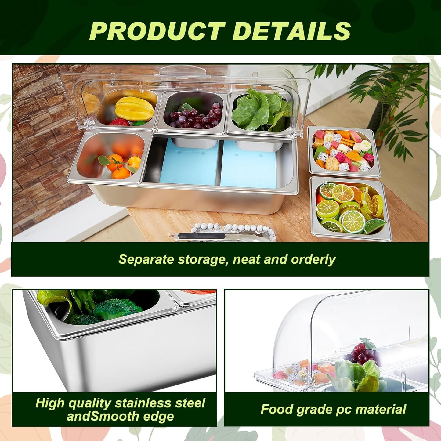 Condiment Tray Stainless Steel Serving Display Set with Lid for Buffet Restaurant Kitchen, Food Chilled Container for Salad Fruit Condiments, Keeps Food Fresh with Ice Box(6 Compartments)
