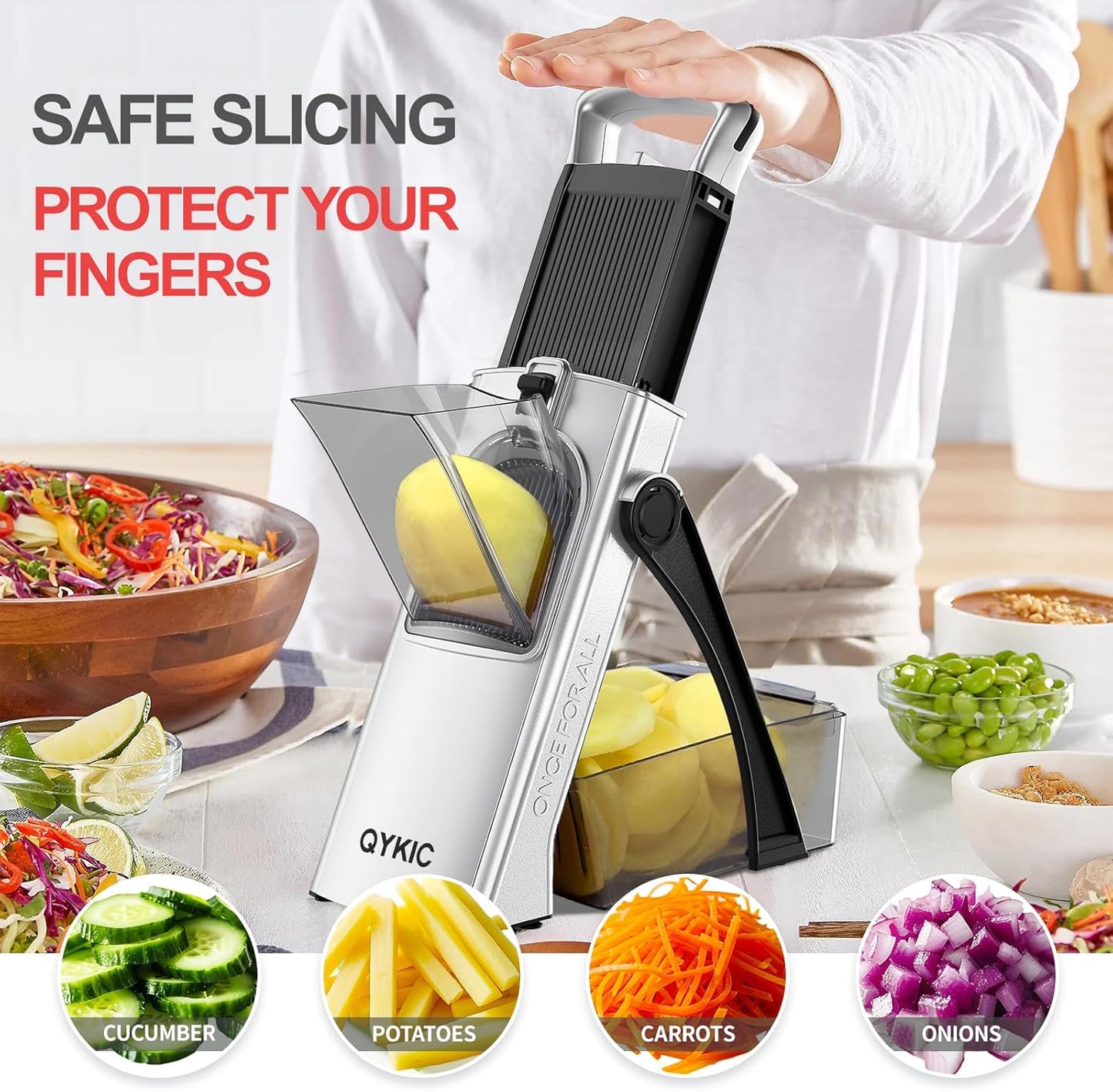 8 in 1 Mandoline Slicer for Kitchen, Vegetable Chopper, Potato Slicer, Fry Cutter Onion Chopper with Drain Basket Food Container with Lid, Stainless Steel Cheese Grater for Quick Meal Pre (Black)