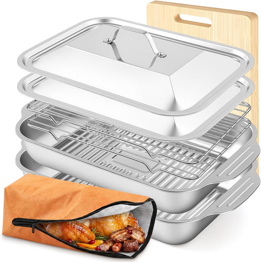 Hushee 6 Pcs Stainless Steel Grill Prep and Serve Tray Set, Grill Carry System, Large Marinating Container with Lid, Metal Grates, Cutting Board, Meat BBQ Blanket Food Prep, BBQ Grilling Accessories
