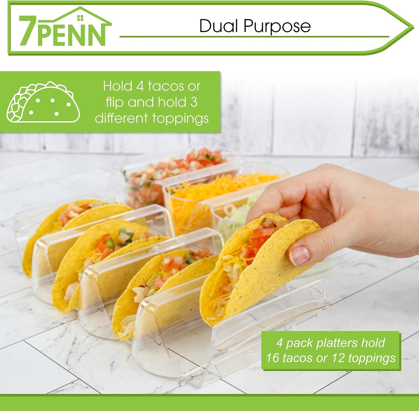 7Penn Taco Shells Holder Set of 4 - Toppings Tray to Taco Holder Stand Divided Serving Trays for Party and Dinner