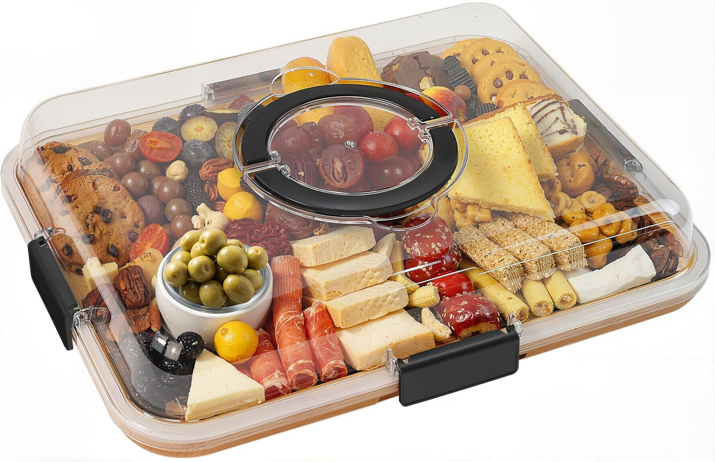 Renmxj Charcuterie Board with Clear Lid, Travel Portable Cheese Board Charcuterie Boxes Cutting Boards for Kitchen, House Warming Gifts New Home, Gifts for Women (6 Compartments Black)