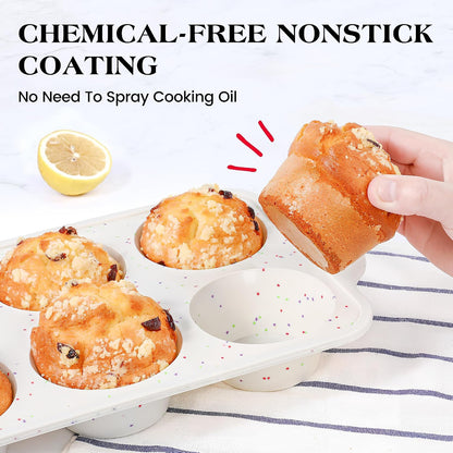 Regular 12 Cup and Mini 24 Cup Nonstick Cupcake Pan Set Silicone Muffin Pan for Baking Silicone Cupcake Mold with Metal Reinforced Frame BPA Free (2 Pcs, Cream)