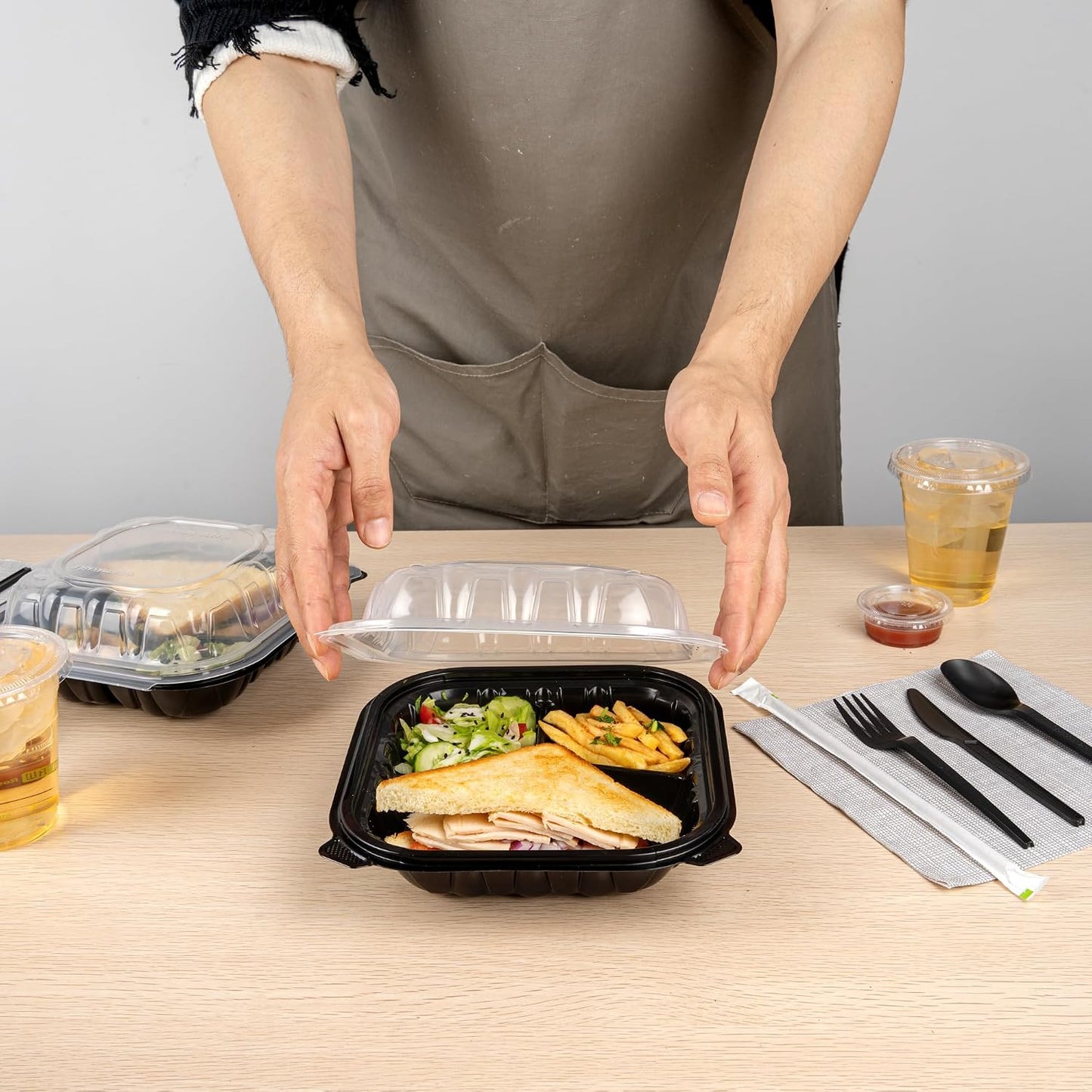 Thermo Tek 40 Ounce Clamshell Containers, 50 Disposable Take Out Boxes - 3 Compartments, Ventilated Lids, Black Plastic Meal Prep Containers, Microwavable, For Pasta Or Salads - Restaurantware
