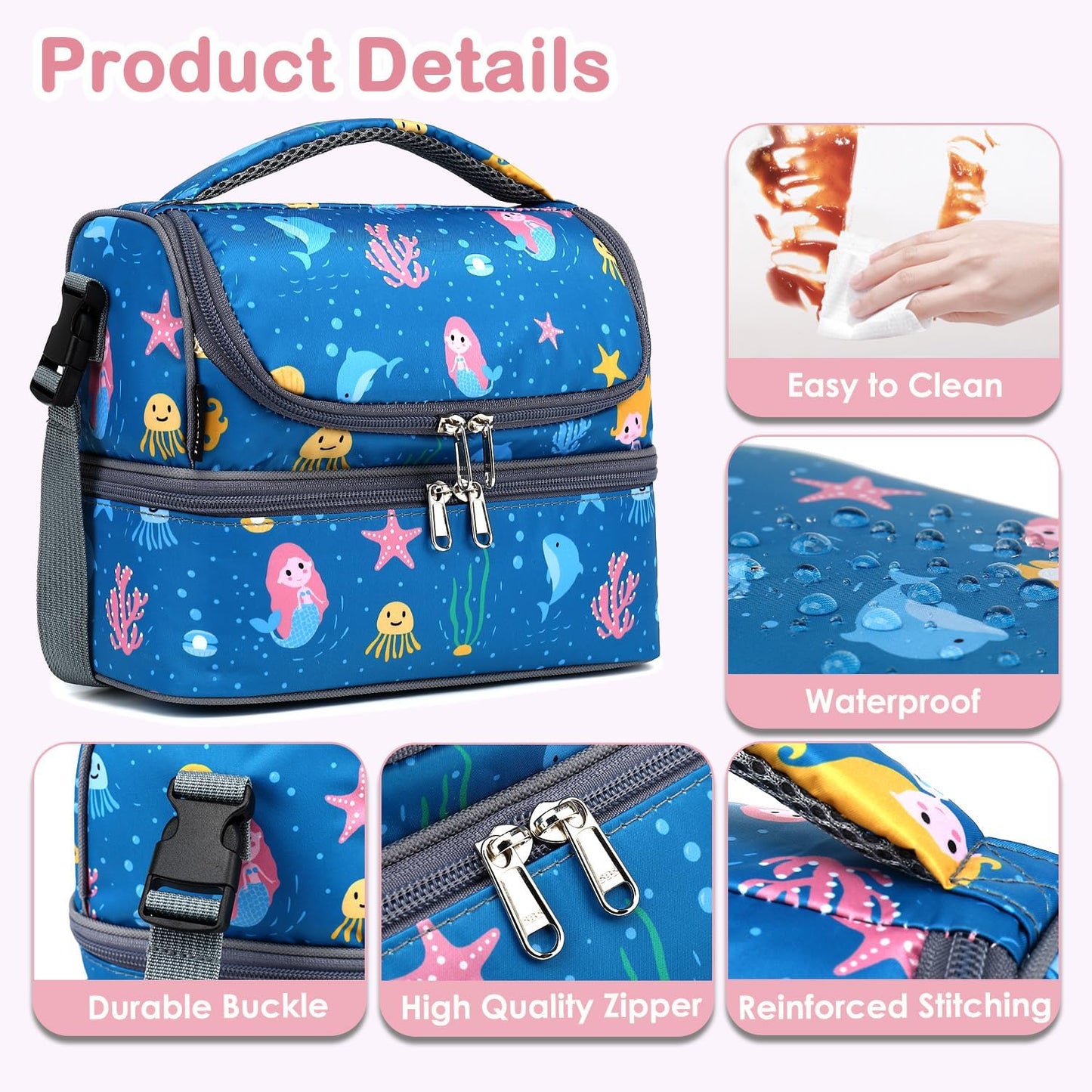FlowFly Kids Double Decker Cooler Insulated Lunch Bag Large Tote for Boys, Girls, Men, Women, With Adjustable Strap, Unicorn
