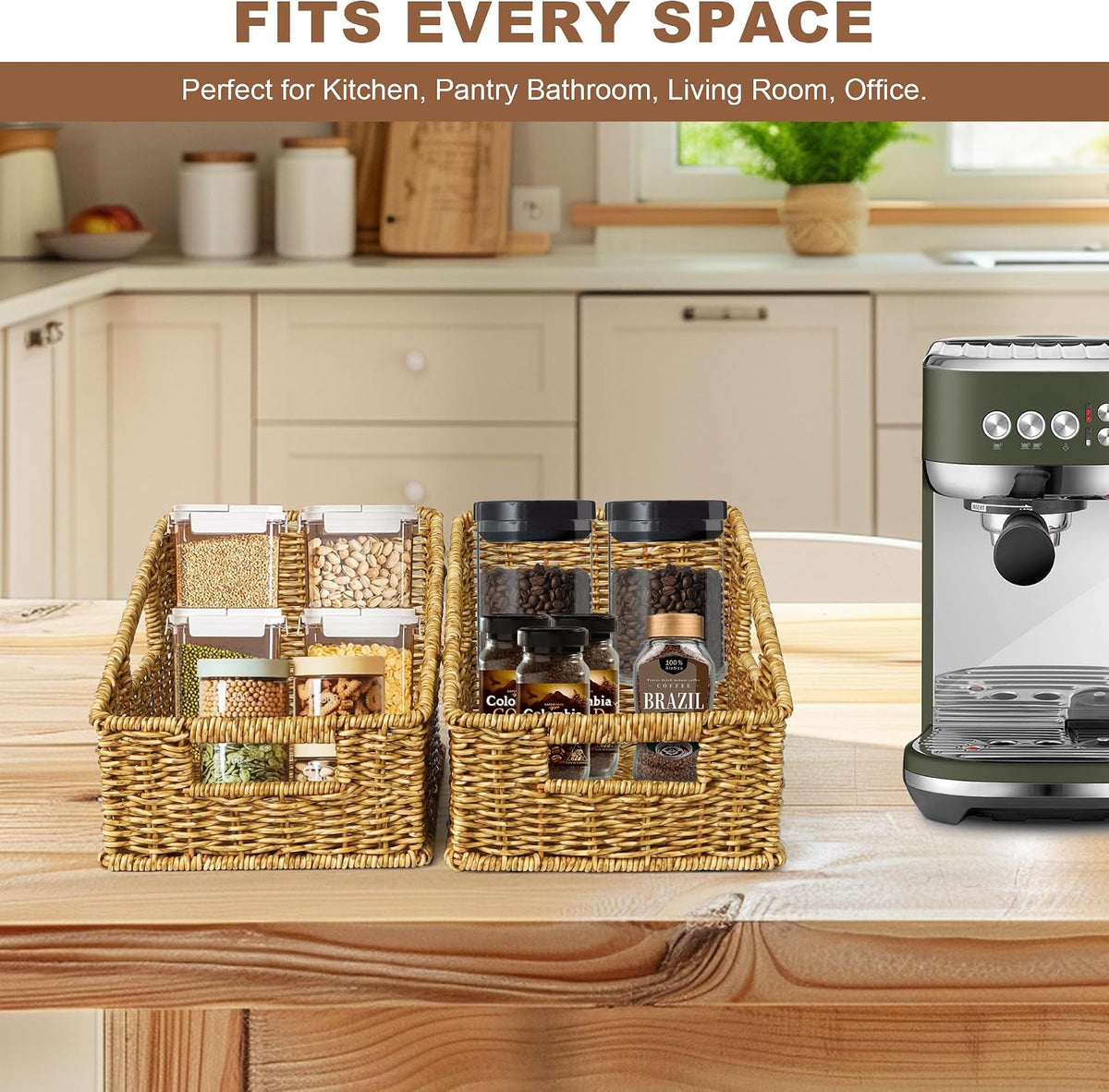 Pantry Baskets for Organizing, Waterproof Wicker Basket with Handles, Trapezoid Woven Baskets for Shelves，Bedroom, Laundry Room,Tan