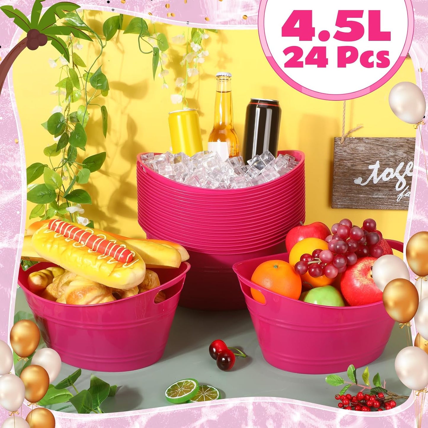 Norme 24 Pcs Oval Storage Tub with Handles, 4.5l Plastic Ice Buckets Bulk for Wine Beer Champagne Drink Cooler Beverage Storage Tub for Parties BBQ Weddings Party Outdoor Celebration(Blue & Red)