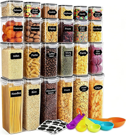 42pcs Airtight Containers, Clear Stackable Dry Food Storage | 42pk clear airtight containers with tight lids keep dry food fresh. Safe plastic, stackable for pantry kitchen storage