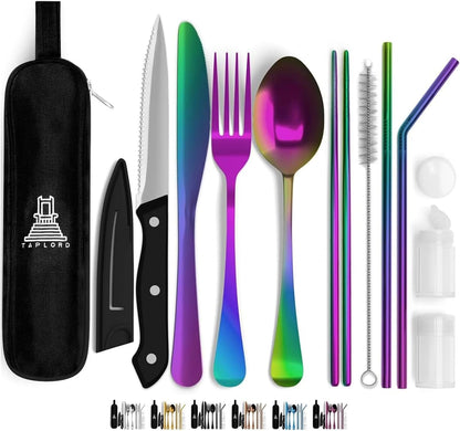 Taplord Portable Travel Silverware Set With Case, Includes 10 Pcs of Travel Utensils With Case, Stainless Steel Flatware Set For Camping, Lightweight (Multi-Color)