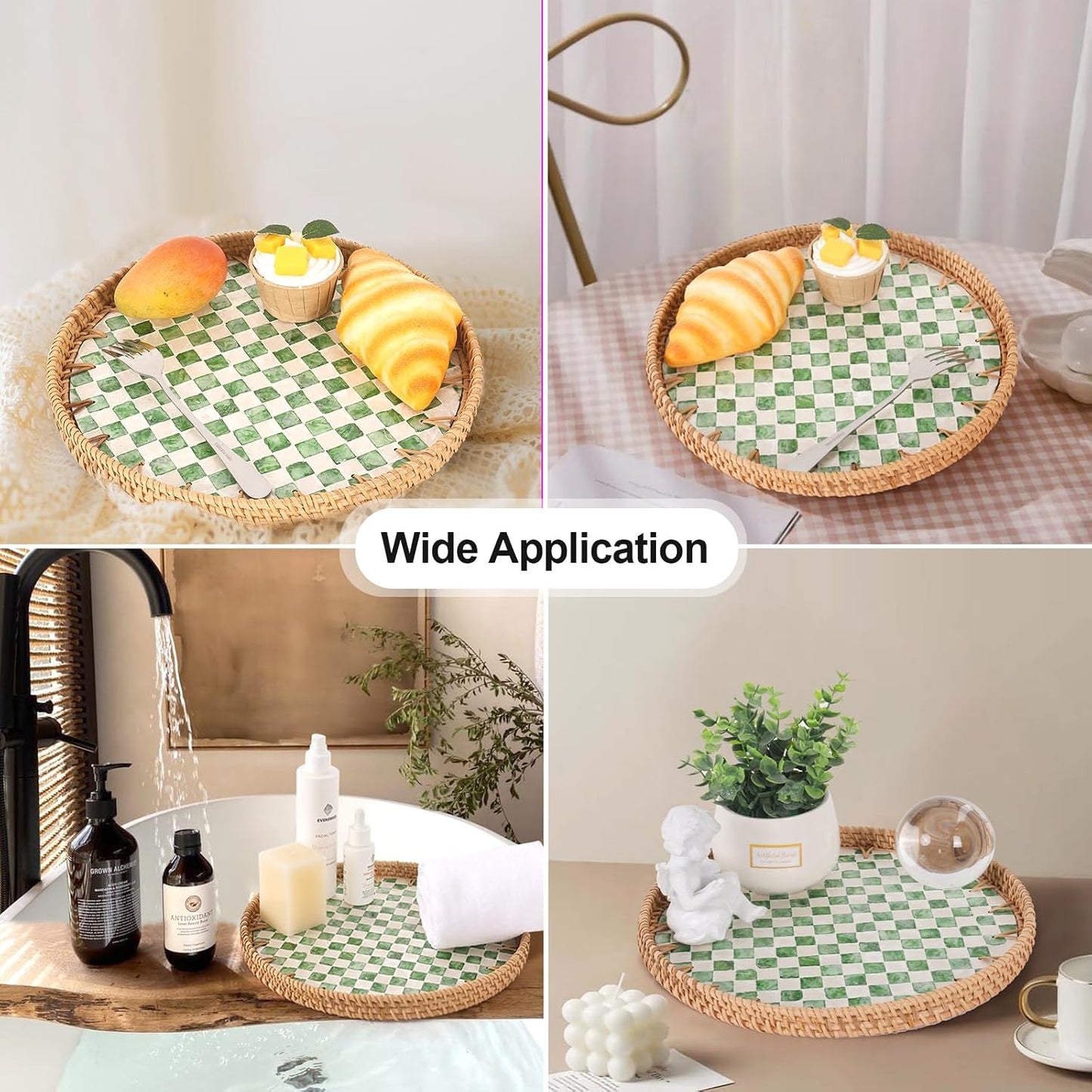 Round Rattan Tray with Mother of Pearl Inlay, Rattan Serving Tray for Coffee, Bread, Fruits, Decorative Wicker Tray for Table Decor, Home Decor, Kitchen Island Decor(Black Checkerboard, 11.8")