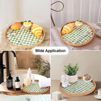 Round Rattan Tray with Mother of Pearl Inlay, Rattan Serving Tray for Coffee, Bread, Fruits, Decorative Wicker Tray for Table Decor, Home Decor, Kitchen Island Decor(Black Checkerboard, 11.8")
