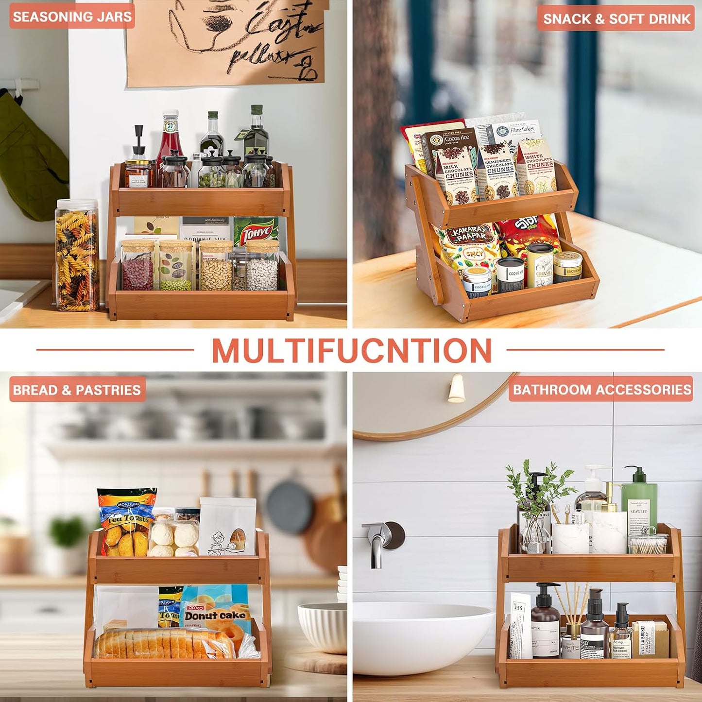 G.a HOMEFAVOR Large Bamboo Fruit Basket, 2-Tier Fruit Bowl for Kitchen Counter, Vegetable Storage Stand for Fruit Shop, 15 mm Thickness (Self-assembly)