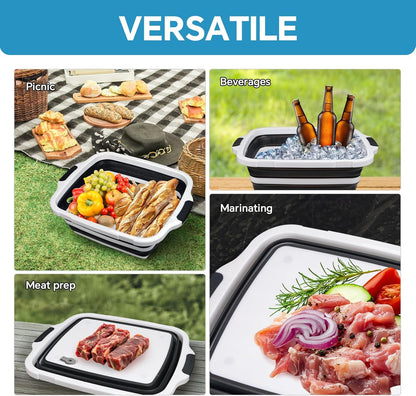 XUDAKAIXIN Collapsible BBQ Prep Tub for Meal Prep, Marinating,Food Storage, picnics, camping, barbecues,cutting fruits and vegetables - Includes Cutting Board and Locking Lid,(X-Large) Black