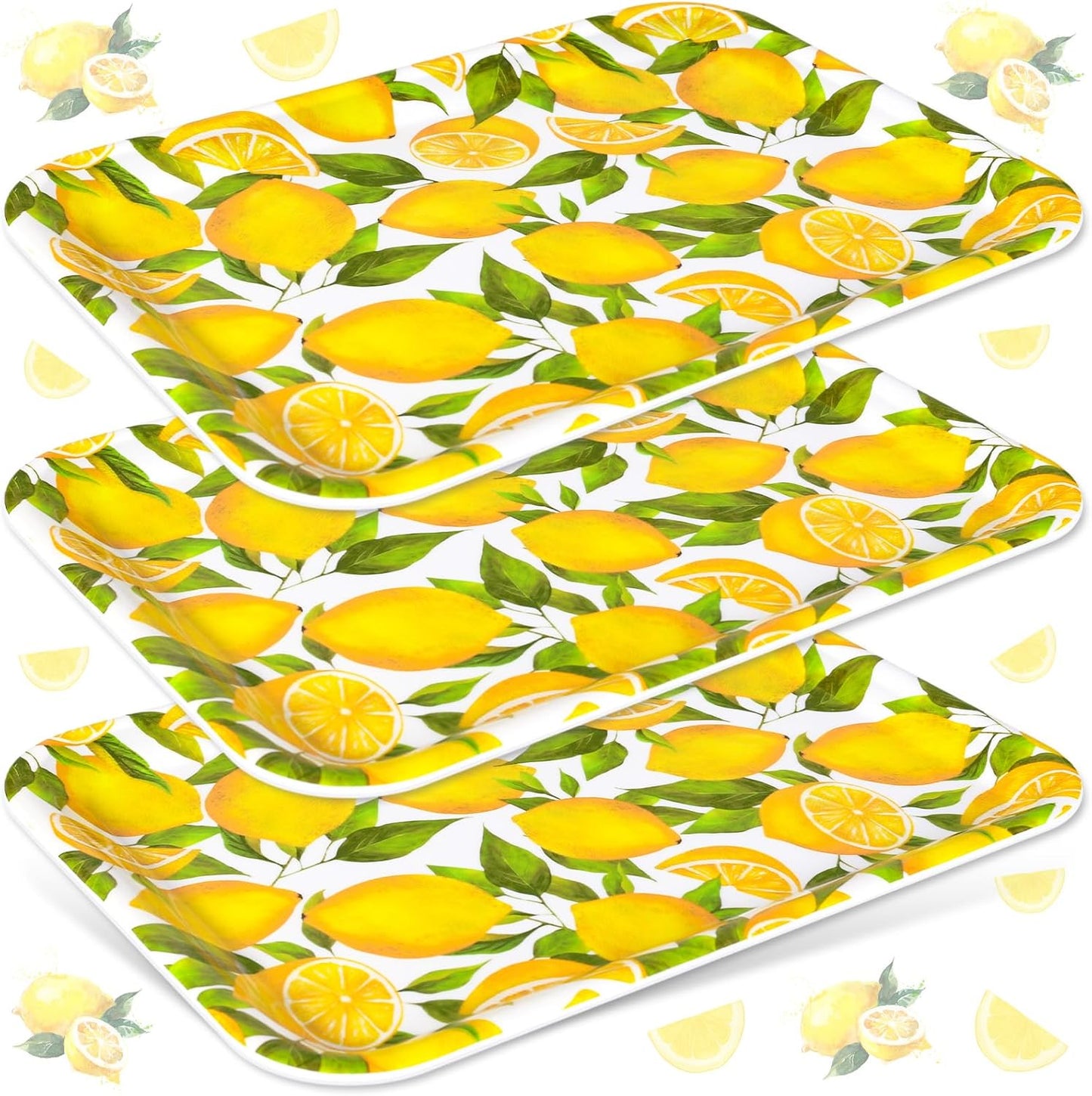 JarThenaAMCS 3Pcs Lemon Serving Trays Reusable Serving Dishes Watercolor Yellow Lemon Platter for Summer Fruit Birthday Party Serving Food Snacks Fruits Dessert