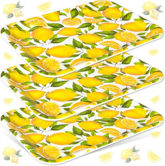 JarThenaAMCS 3Pcs Lemon Serving Trays Reusable Serving Dishes Watercolor Yellow Lemon Platter for Summer Fruit Birthday Party Serving Food Snacks Fruits Dessert
