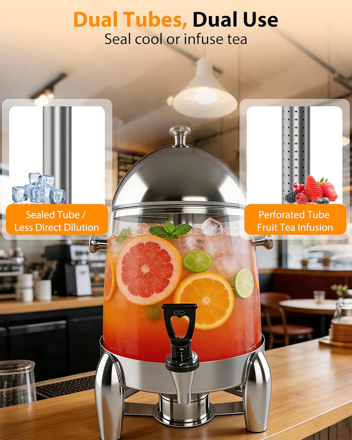 Beverage Dispenser with Stand, 3 Gallon Drink Dispenser for Parties,Events,Buffet &Self-Serve,Dual Ice Tube Core Fruit Infuser,Leakproof Spigot,Clear PC Container, Stainless Steel Lid&Base