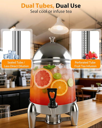 Beverage Dispenser with Stand, 3 Gallon Drink Dispenser for Parties,Events,Buffet &Self-Serve,Dual Ice Tube Core Fruit Infuser,Leakproof Spigot,Clear PC Container, Stainless Steel Lid&Base