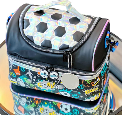 Kids Double Decker Cooler Insulated Lunch Bag, Back to School Large Meal Tote for Boys, Girls, Men, Women, with Adjustable Strap, Soccer