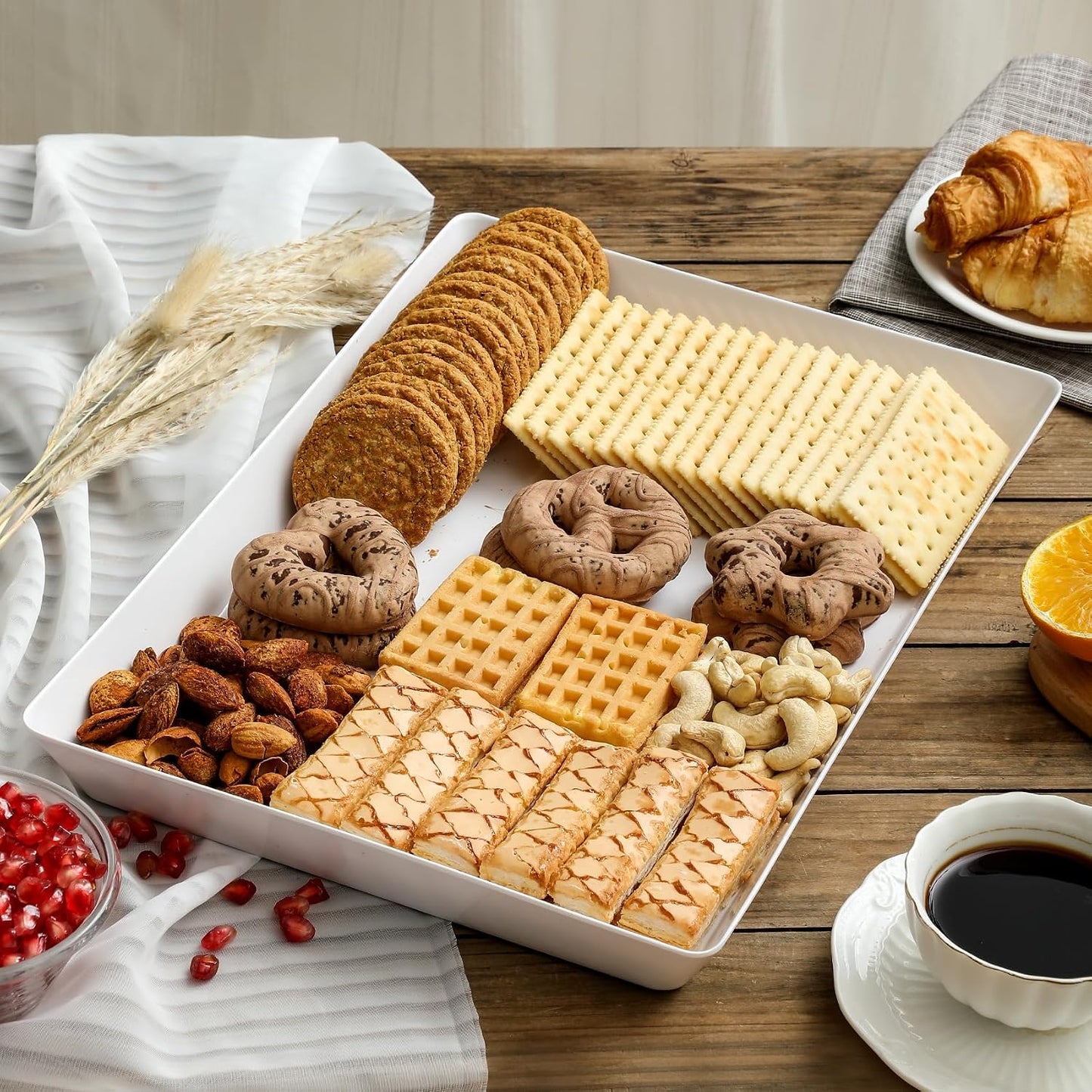 8 Pack, 16" x 11" Large White Serving Trays Set - Reusable Plastic Serving Platters for Cookie, Appetizer, Charcuterie, Snack, Dessert, Party Food Display - Stackable Kitchen CounterTop Tray, BPA Free