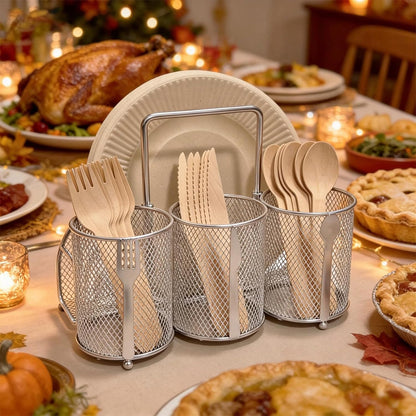 Silverware Organizer Utensil Caddy - 4 Compartment Metal Cutlery Holder Flatware Storage Basket Fork Spoon Napkin Paper Plate Kitchen Countertop Party Picnic Camping Buffet Outdoor (Gold)