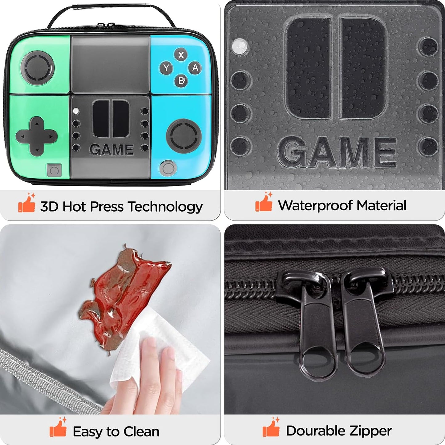 Kids Gamer Lunch Box for Boys, Game Console Insulated Lunch Bag, PU Leather Waterproof Lunchbox with Mesh Pocket, Durable Leakproof Lunch Tote Fits Bento Box for School