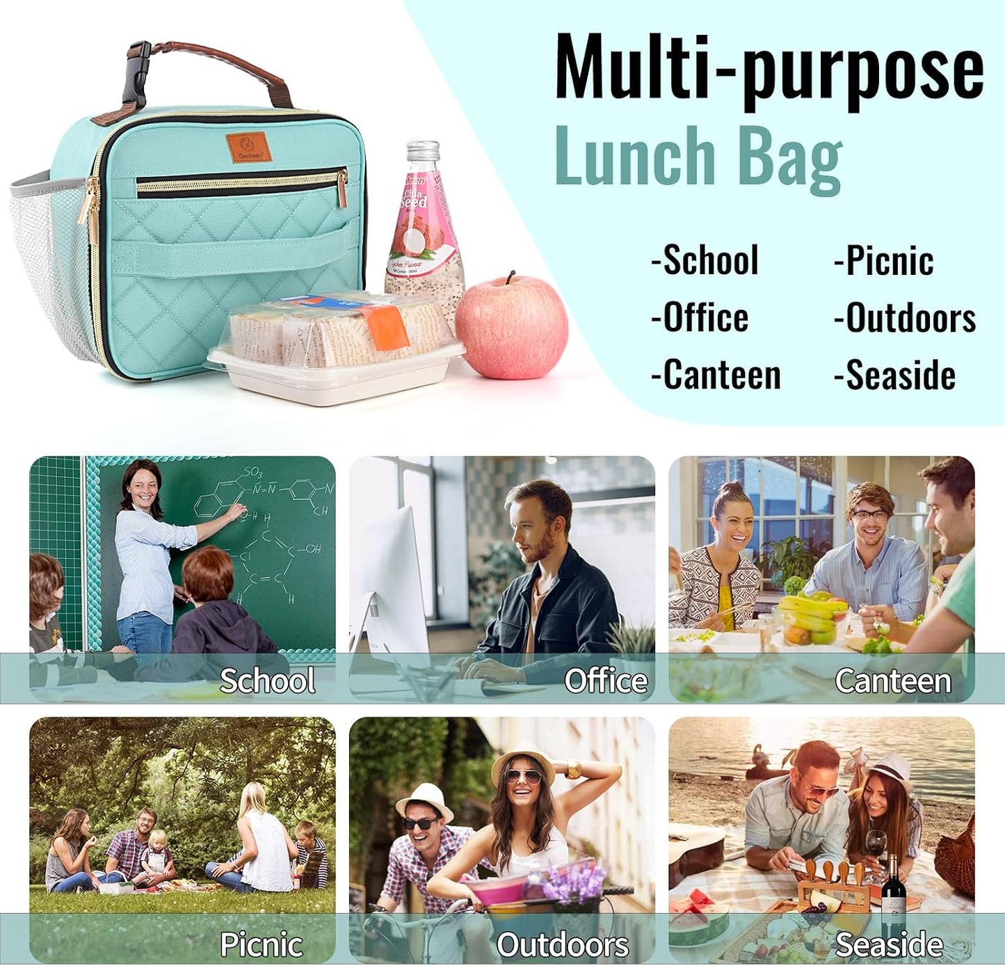 Genteen Lunch Box for Kids, Boys - Insulated Small LunchBox Reusable, Zip Closure & Buckle Handle, Portable Cooler for Work, School, Travel (Lake Green)