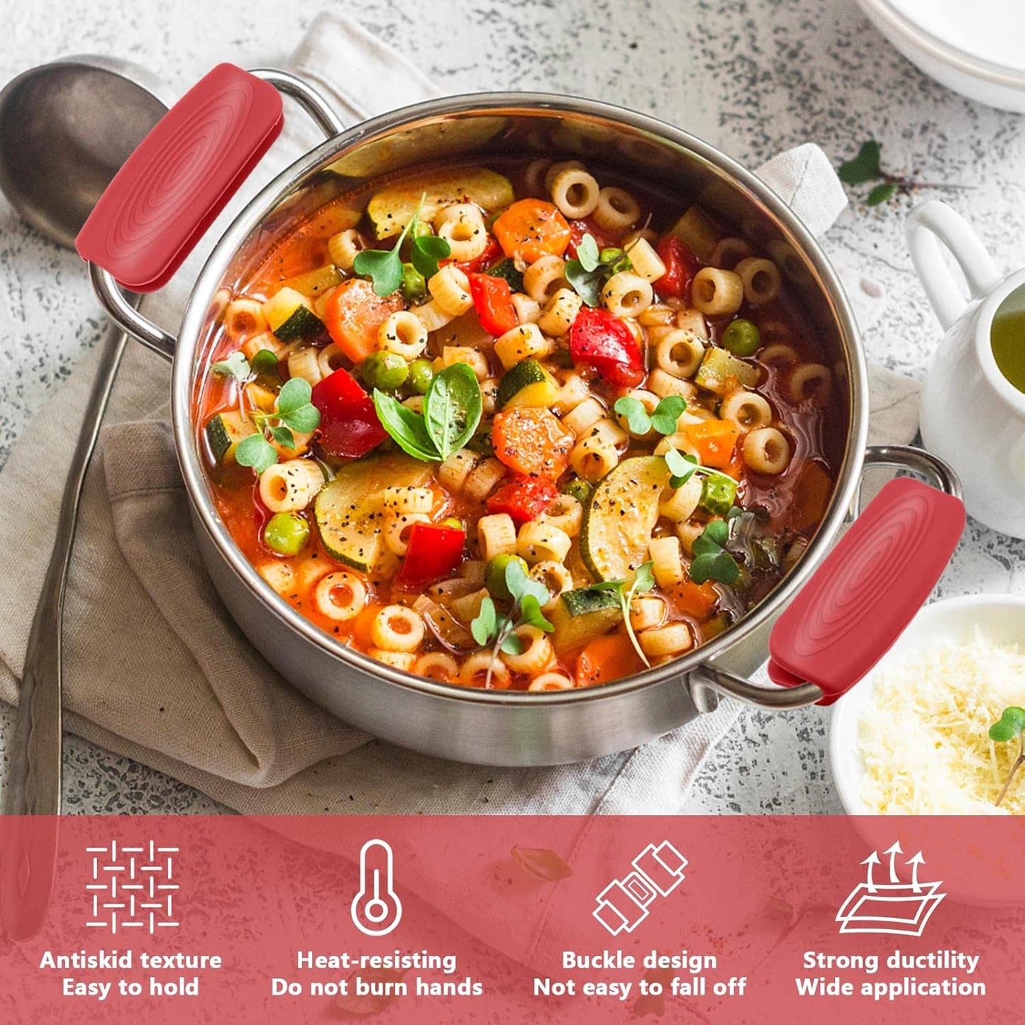 2Pcs Silicone Pot Handle Covers with Buttons, Heat Resistant Cast Iron Pot Assist Handle Covers, Non Slip Silicone Pot Holders, Reusable Hot Pot Grip Handle Sleeves (Gray)