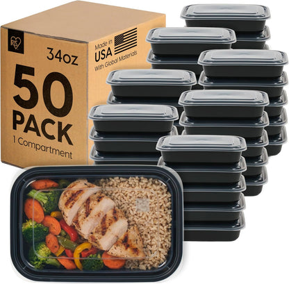 IRIS USA Meal Prep Containers, 36oz - 50 Pack (100-Piece) 3-Compartment Reusable Food Storage Containers with Lids, Plastic Kitchen Food Prep To Go Lunch Box, Microwave Freezer Dishwasher Safe, Black