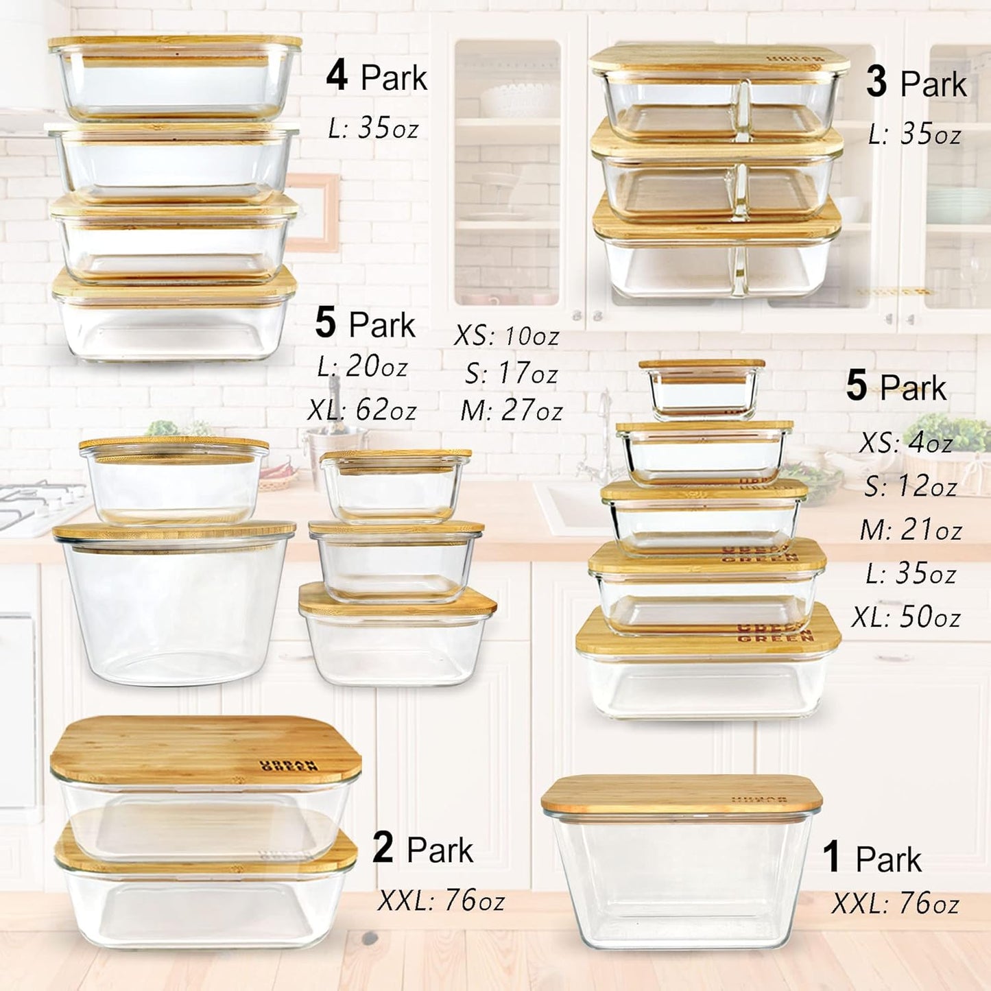 Urban Green Glass Food Container with Bamboo Lid, Airtight food storage Containers set, Glass Meal Prep Containers Set of 5, Dishwasher & Oven Safe