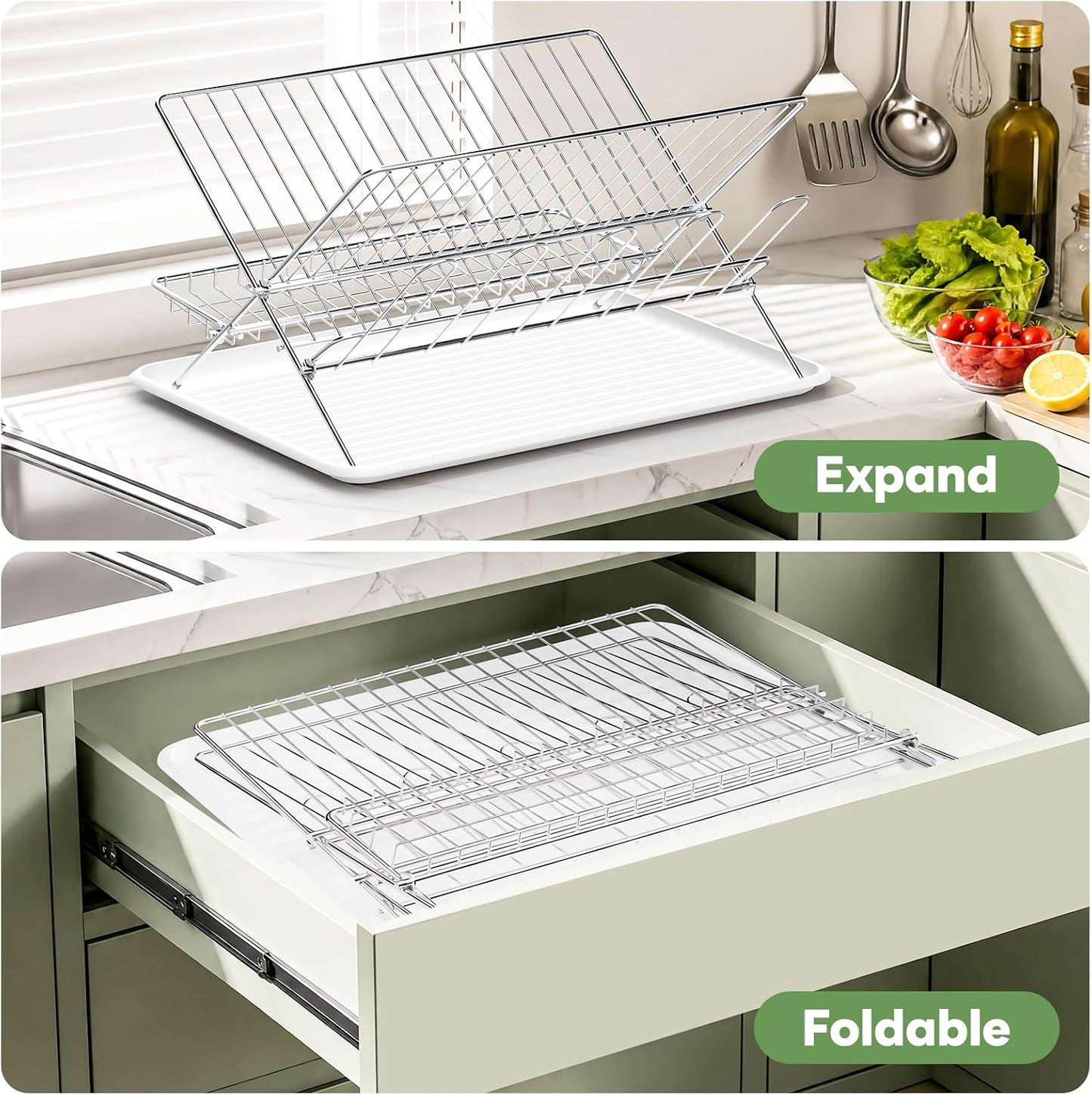 Expandable Over The Sink Dish Drainer Drying Rack, Stainless Steel Metal, Small Adjustable Dish Drainer Drying Rack for Kitchen Counter, Space Saving for Compact Kitchen