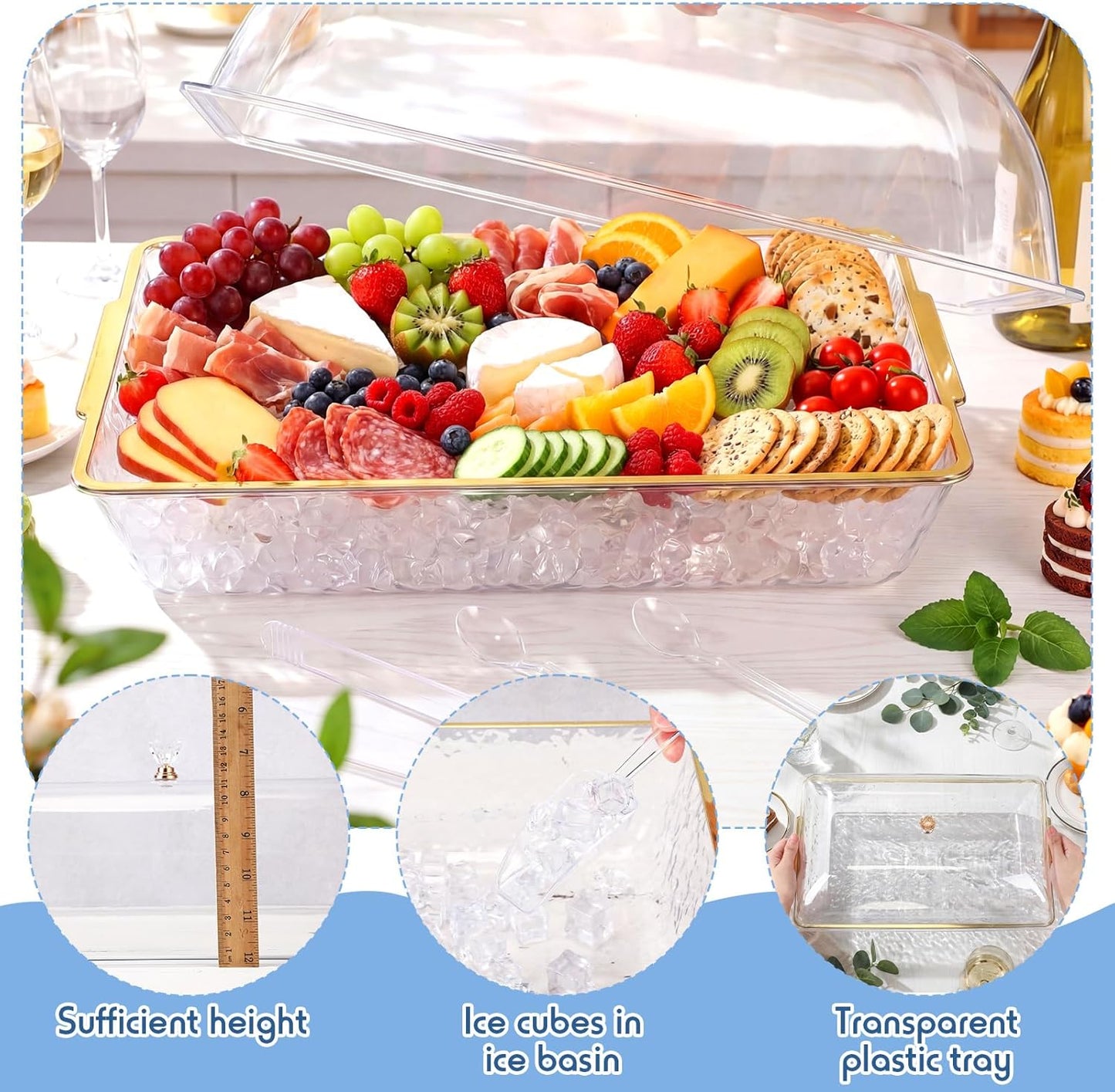 Baderke 16" x 9" Chilled Serving Tray for Parties with lids Compartments Ice Chilled Party Platter Charcuterie Serving Board Cold Dish Dip with Tongs for Fruit Seafood Vegetable (Dark Wood)