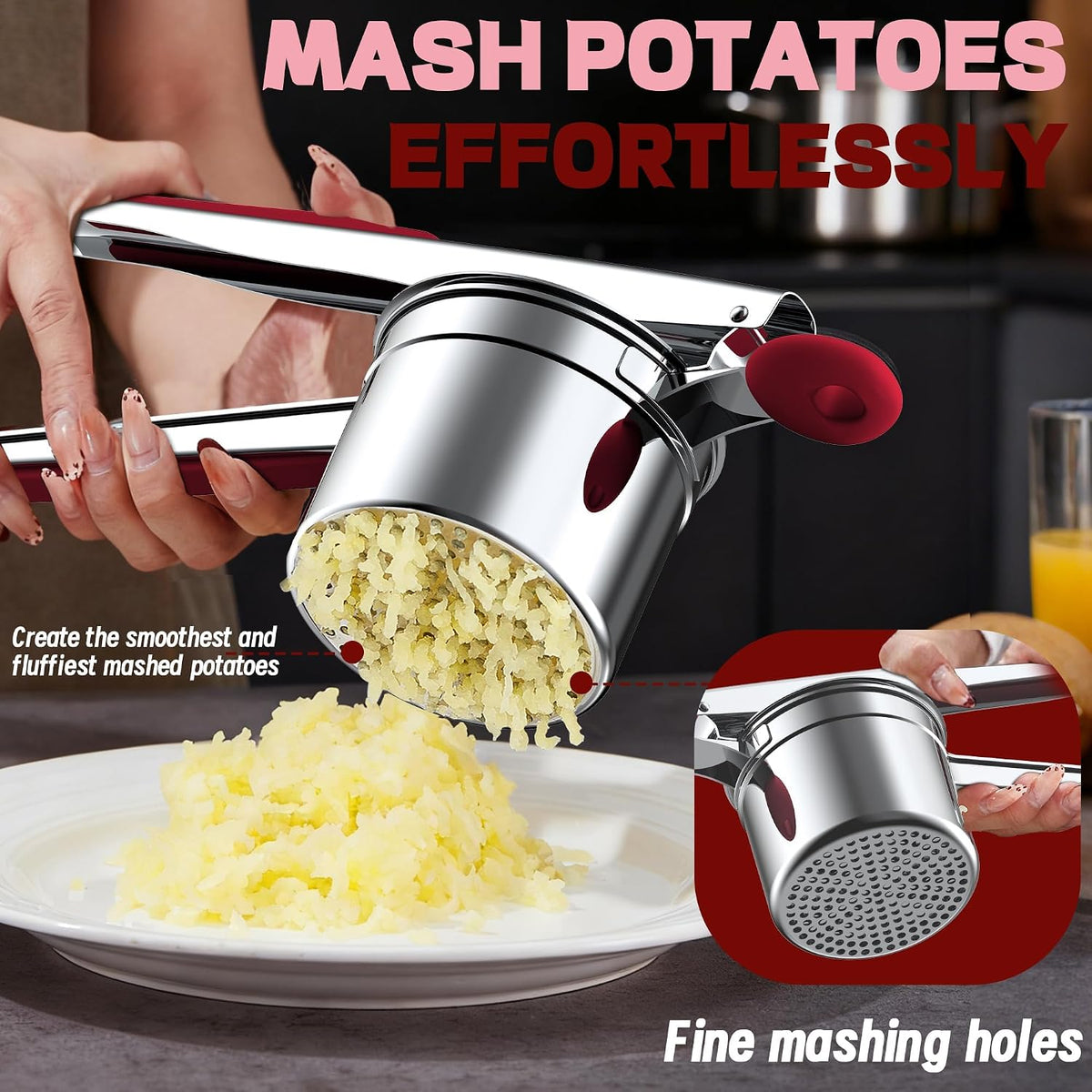 Large 15oz Potato Ricer for Mashed Potatoes, Heavy Duty 18/8 Stainless Steel Potato Masher for Baby Food & Spaetzle Maker, Masher and Ricer Kitchen Tool, Press and Mash Kitchen Gadget, Black
