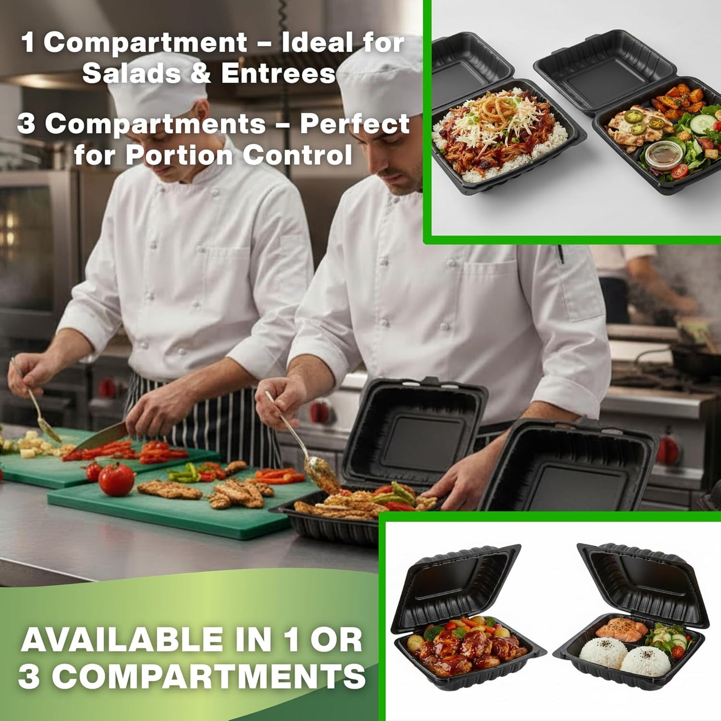 9x9 3-Compartment Hinged Vented Food Containers, 50 Pack – Clamshell Takeout Containers, Meal Prep Food Storage, 3 Compartment Food Containers, To Go Boxes & Cake Slice Box - Black