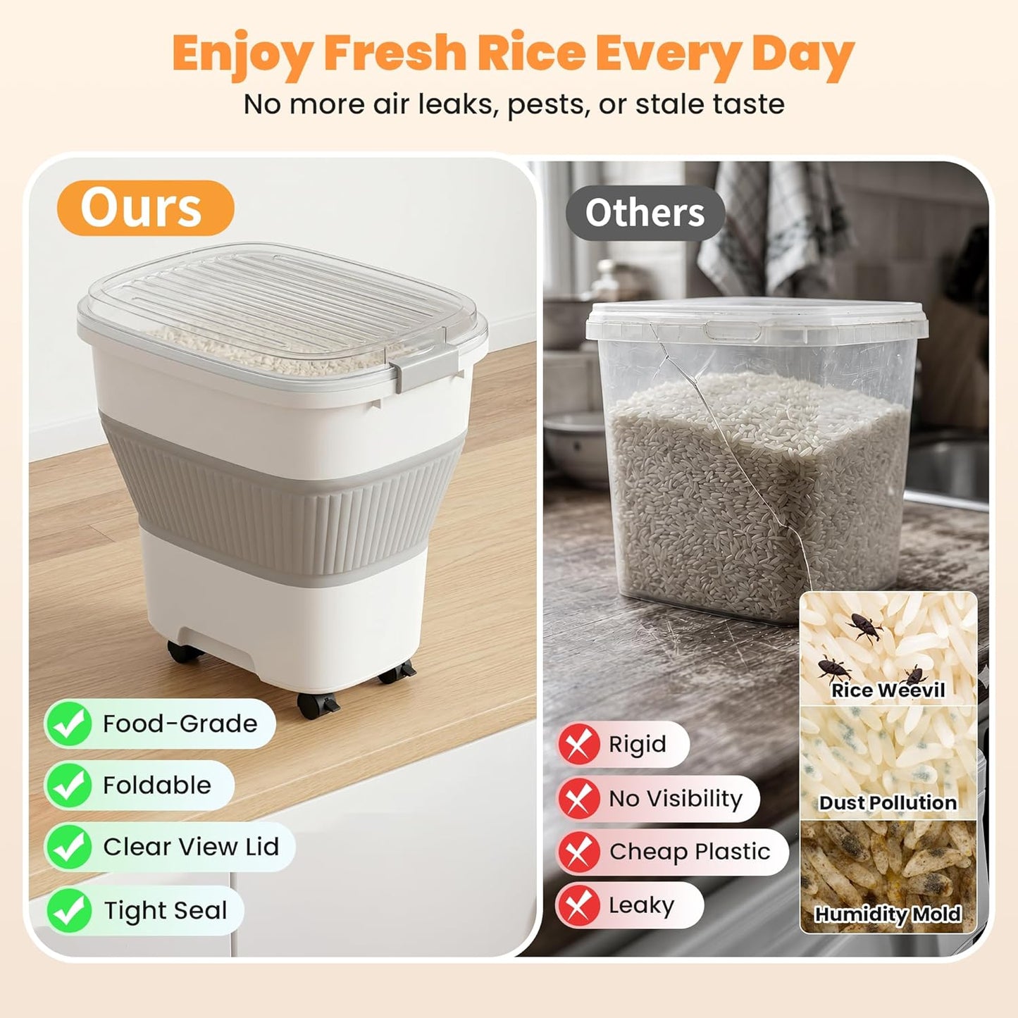 50 Lbs Rice Storage Container with Wheels, Collapsible Airtight Rice Holder with Transparent Lid, Measuring Cup, Scoop, Handle, BPA Free Food Storage Container for Pet Food, Grain, Bird Seed