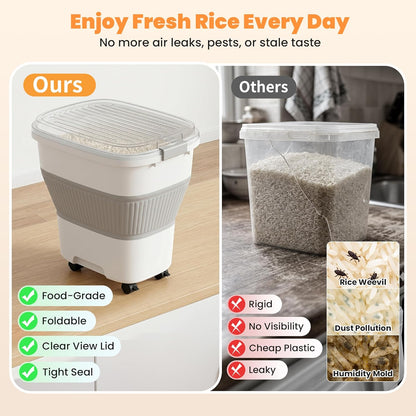 50 Lbs Rice Storage Container with Wheels, Collapsible Airtight Rice Holder with Transparent Lid, Measuring Cup, Scoop, Handle, BPA Free Food Storage Container for Pet Food, Grain, Bird Seed