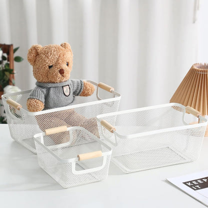 AJIODA Metal Mesh Steel Basket, Large Wire Storage Organizer Basket Multi-function Hanging Kitchen Baskets with Wood Handle for Kitchen Bathroom Picnic Home, Rectangle-Off White